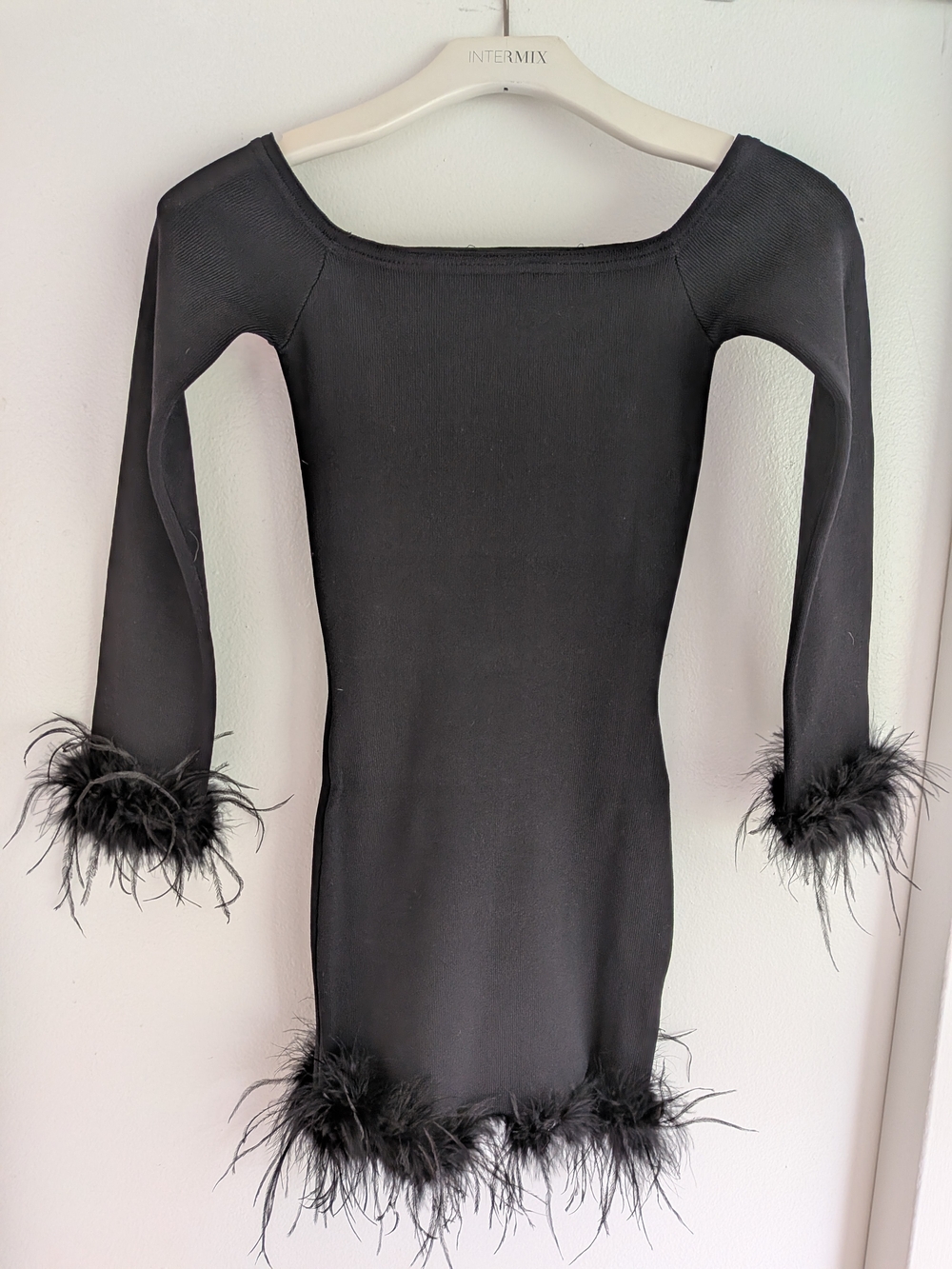 Black Off-Shoulder Feather Trim Bodycon Dress